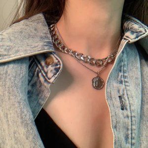 Coin Pendant Layered Chunky Choker Necklace